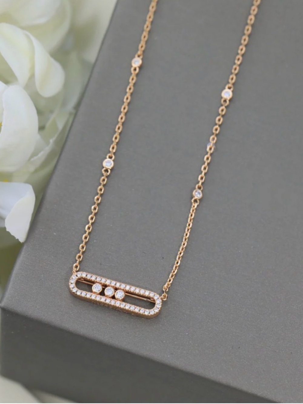 Rose Gold Open Oval Pendant Necklace with Sliding CZ Diamonds